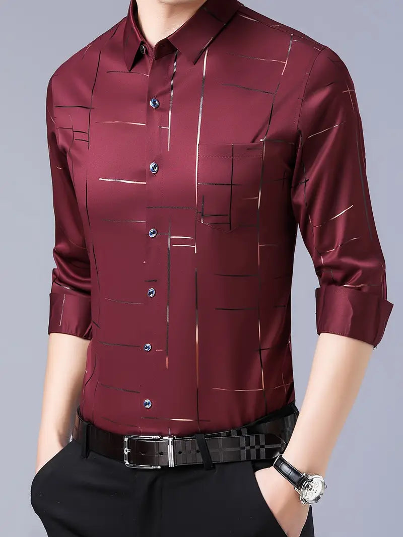 [PAGUE 3 LEVE 5] Camisa Manga Longa Casual European em Seda Gelo e Poliéster + BRINDES: Cinto, Carteira e Relógio