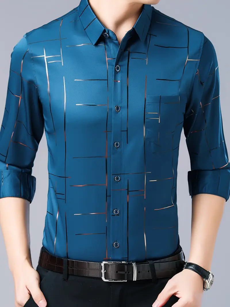 [PAGUE 3 LEVE 5] Camisa Manga Longa Casual European em Seda Gelo e Poliéster + BRINDES: Cinto, Carteira e Relógio